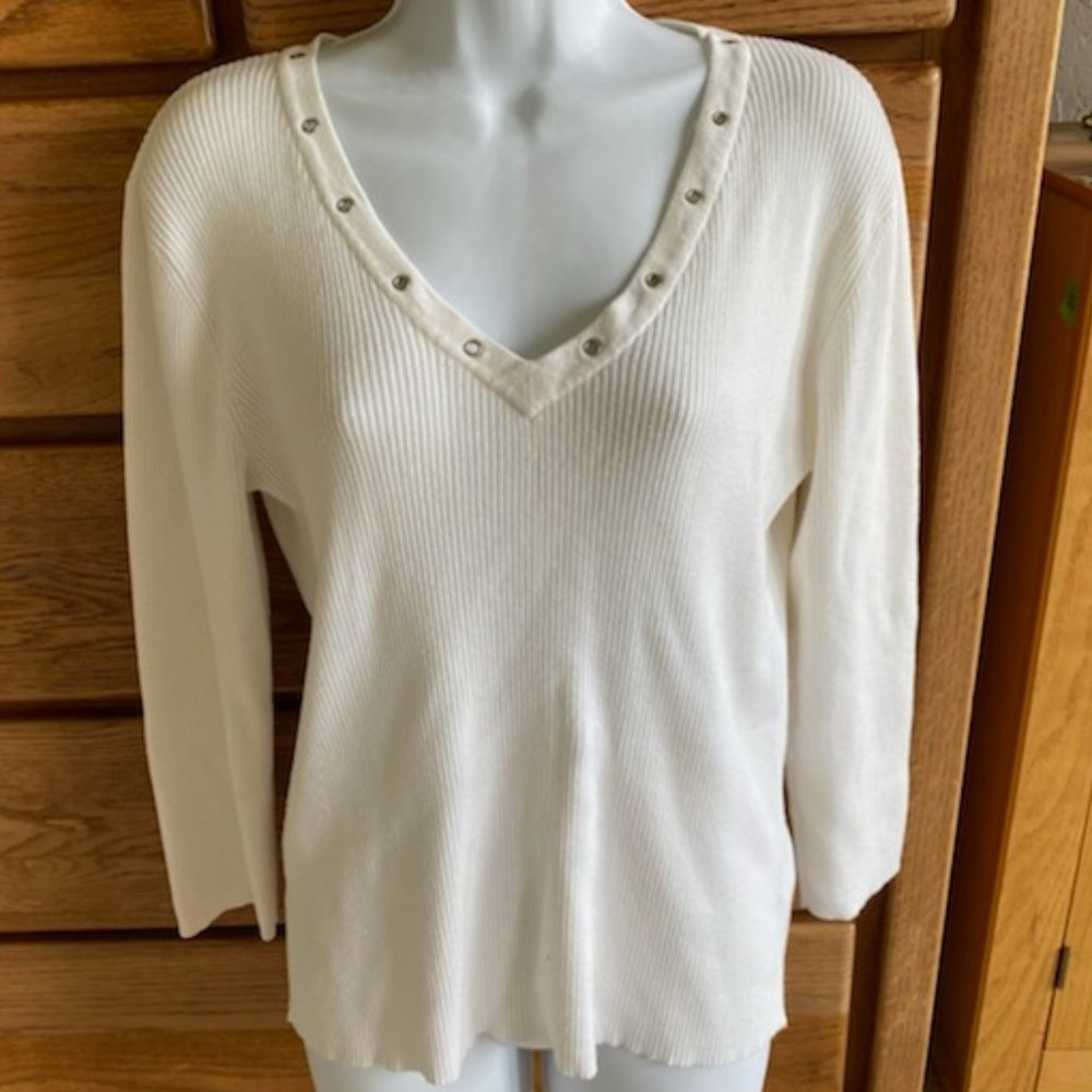 Vintage NINE & COMPANY * off-white COTTON STRETCH 3/4-slv SILVER EYELETS Top * M